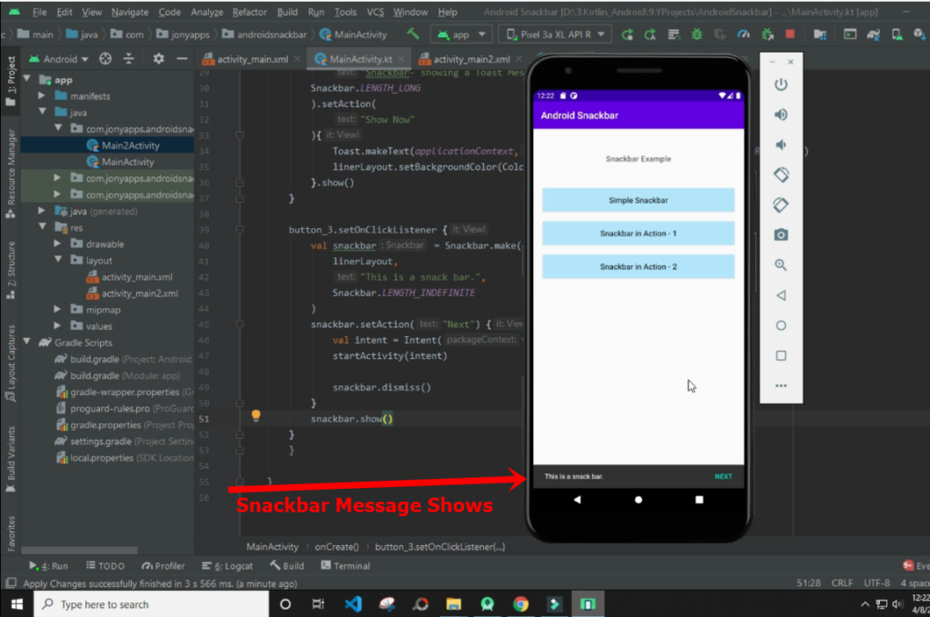Android Snackbar using Kotlin – Android Studio